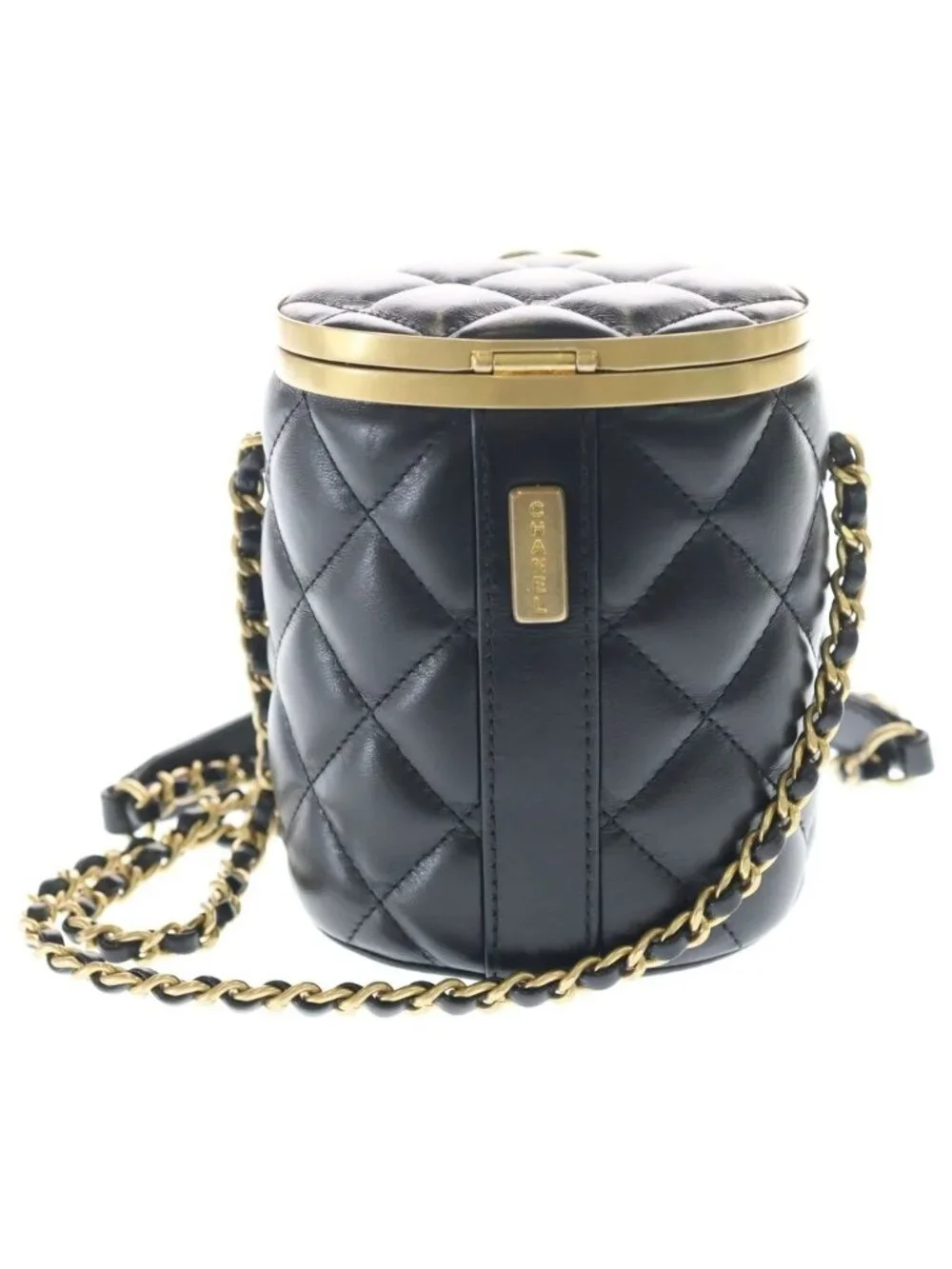 Chanel Crown Box Vanity Lambskin Leather Chain Shoulder Bag Gold Black Plate